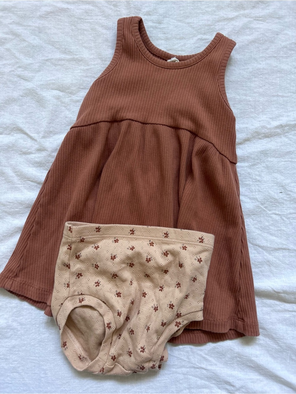 Quincy Mae Ribbed Tank Dress & Floral Bloomers - Rust and Cream